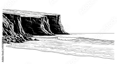 Dramatic monochromatic coastal landscape with imposing ocean cliffs and crashing waves at shoreline