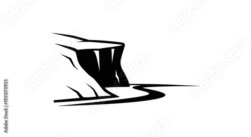 Bold monochrome illustration of a rugged natural cliff face bordering a flowing waterway or