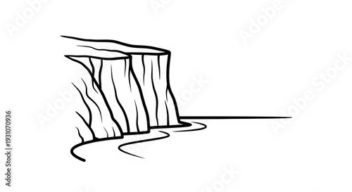 Minimalist black and white line art depicting a rugged seaside cliff towering over a serene body