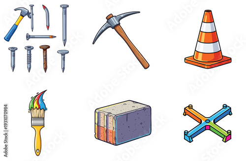 Set of various construction tools and fasteners hammer with nails pickaxe traffic cone paint brush concrete block and rebar support for building and repair work
