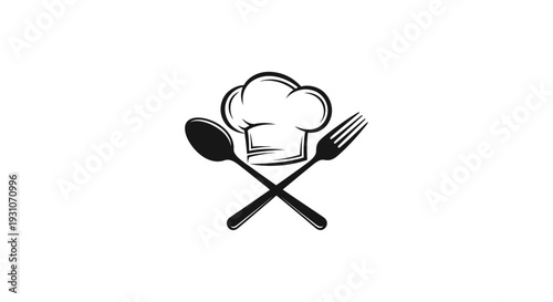 Minimalist cooking emblem featuring a chef's hat with crossed cutlery for restaurant and culinary
