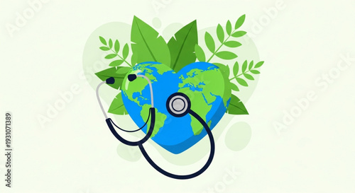 World Health Day Global environmental health concept with Earth in heart shape and stethoscope, symbolizing planet care, ecological responsibility, and sustainability for a better future
