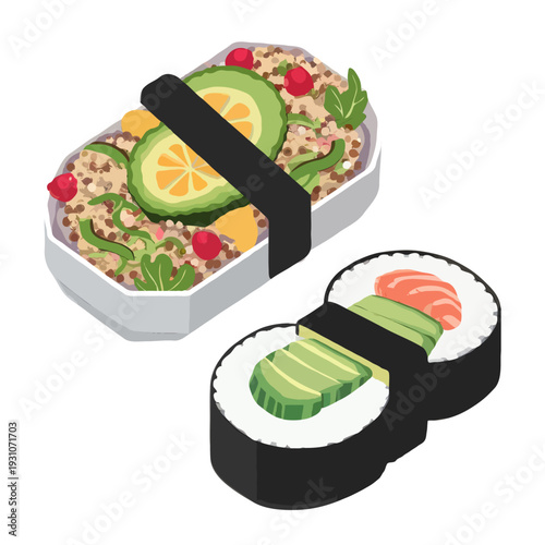Assorted bento box with various colorful and appetizing food items isolated on white background, Vector, illustration