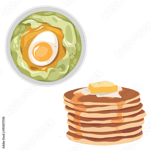 A delicious plate of pancakes with a side of fried egg and toast isolated on white background, Vector, illustration