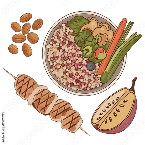 A vibrant assortment of traditional and healthy african dishes isolated on white background, Vector, illustration