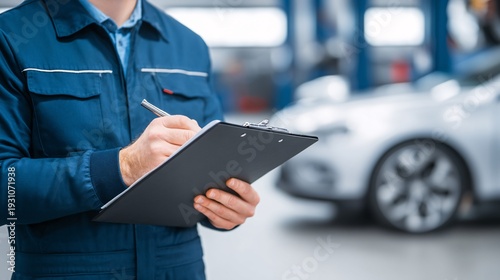 Mechanic Writing Notes on Vehicle Inspection Report