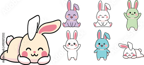 Cute bunny cartoon collection vector illustration, kawaii rabbit characters set cad drawing flat vector isolated background