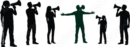 People shouting through megaphone silhouette vector illustration, protest announcement communication concept cad drawing flat vector isolated background