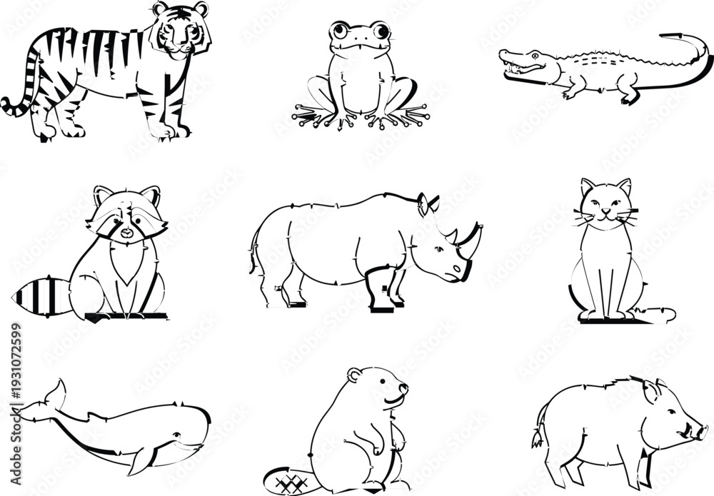 Obraz premium Hand drawn wild animal outline illustration set with tiger, frog, crocodile, raccoon, rhinoceros, bear, whale, pig, and cat in simple line vector style