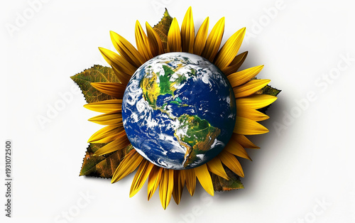 Conceptual Sunflower with Globe Center on White Background