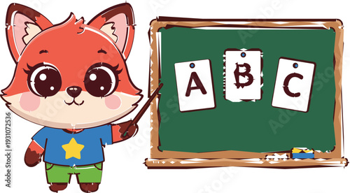 Cute fox teacher character teaching alphabet letters on chalkboard, playful flat vector illustration for kids education, preschool learning, and children classroom designs