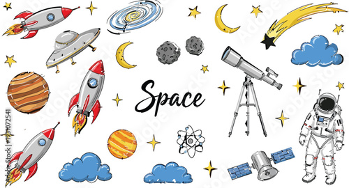 Cute space exploration illustration collection with rockets, planets, astronaut, telescope, and stars, playful flat vector set for kids education, science, and creative designs
