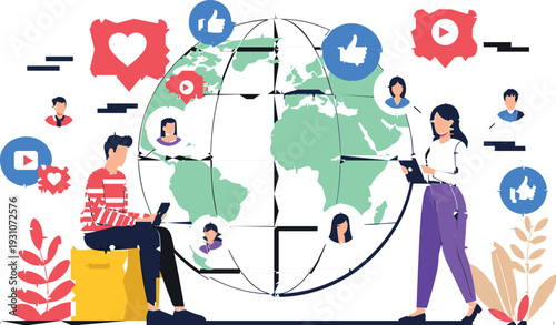 Global digital communication illustration showing people connected through social media around world map, flat vector concept for online networking, marketing, and modern technology