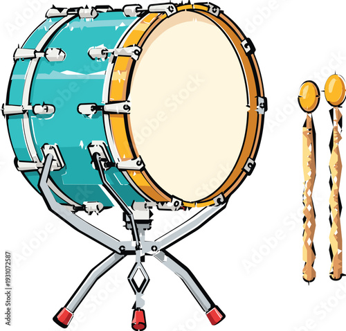 Bass drum with mallets illustration in flat vector style, detailed percussion instrument artwork representing music performance, marching band, rhythm, and sound design