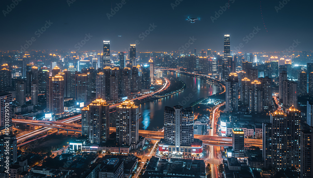 Fototapeta premium Futuristic Smart City Skyline with Digital Network Overlay at Sunset