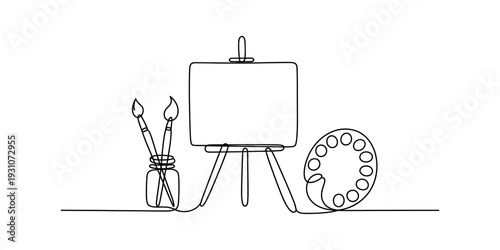 Continuous line drawing of artist tools including an easel canvas brushes and a palette. Vector, illustration