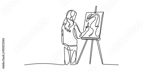 Continuous line drawing of a woman artist painting on a canvas with an easel Vector, illustration