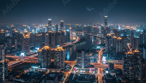 Wallpaper Mural Futuristic Smart City Skyline with Digital Network Overlay at Sunset Torontodigital.ca