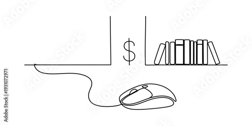 A minimalist black and white line drawing of a computer mouse, a dollar sign, and books on a shelf. Vector, illustration