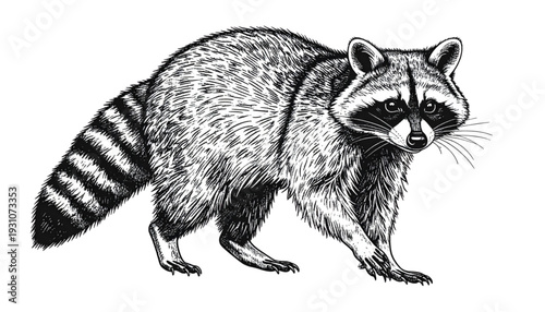 A black and white illustration of a raccoon with a bushy tail and masked face isolated on transparent background