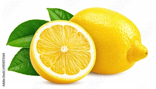 Two lemons, one sliced, with green leaves on a white background