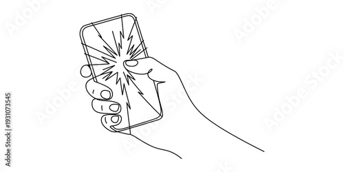 Simple black and white illustration of a hand holding a mobile phone with a broken glass screen Vector, illustration