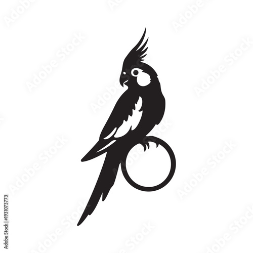 Obraz na plátně Cockatiel Parrot Silhouette on Ring Perch Black and White Realistic Pet Bird Ico