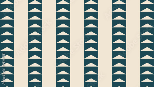 Abstract seamless geometric pattern featuring vertical columns of teal arrowhead motifs on a cream background perfect for modern minimalist wallpaper and textile design