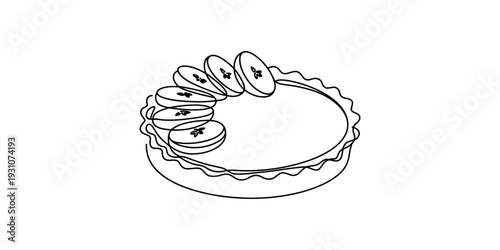 Line drawing of a delicious fruit tart with sliced apples on top and a fluted crust. Vector, illustration