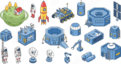 Isometric space base and exploration elements illustration set with rockets, astronauts, vehicles, and futuristic buildings, flat vector collection for science, technology, and sci fi design