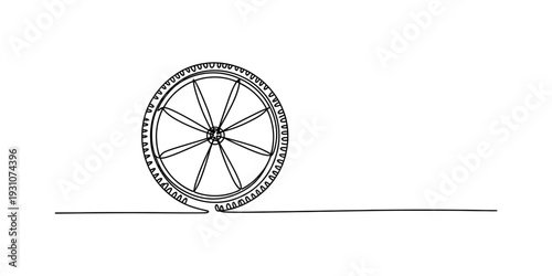 Simple black and white line drawing of a classic wooden wheel with spokes resting on a flat line. Vector, illustration