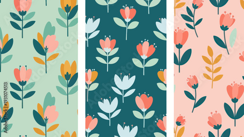 Seamless Floral Patterns with Stylized Blooming Flowers and Leaves.