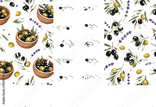 Mediterranean olive pattern illustration with black and green olives, leaves, bowls, and herbs, decorative flat vector background for food packaging, kitchen decor, and branding