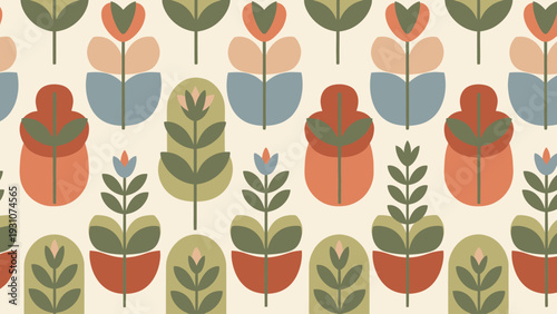 Seamless pattern with abstract floral shapes and retro colors.