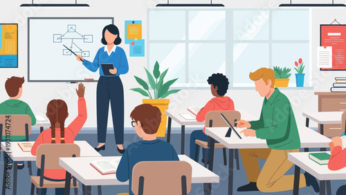 Teacher instructing students in a classroom setting.