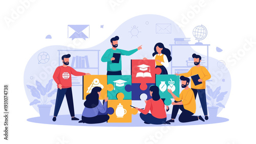 Team Collaboration Building Educational Puzzle Pieces.