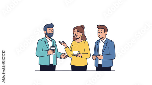 Three diverse colleagues engaging in a lively discussion during a coffee break.