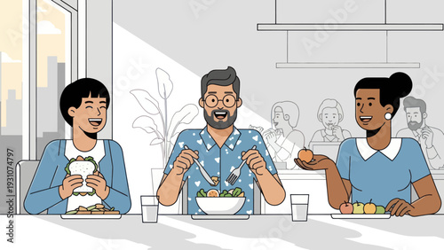 Three diverse friends enjoying a meal together at a table, sharing food and laughter.