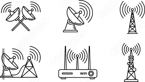 Wireless communication outline icon set featuring satellite dishes, signal antennas, radio towers, and WiFi router, simple black line vector collection for technology and network design