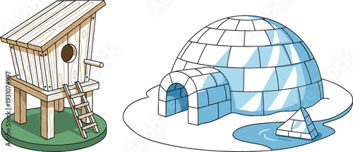Birdhouse and igloo illustration set showing different animal shelters, flat vector artwork representing nature housing, habitat types, and simple educational concepts
