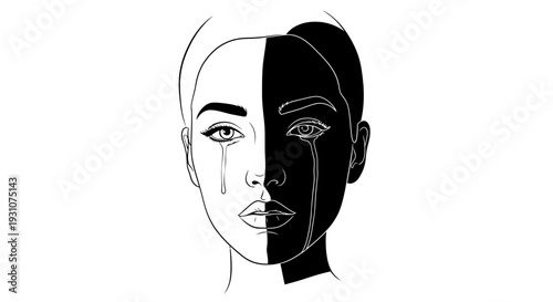 Powerful black and white vector illustration depicting emotional duality and profound sorrow