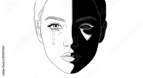 Emotional contrast in a woman's face depicting sadness and hidden strength