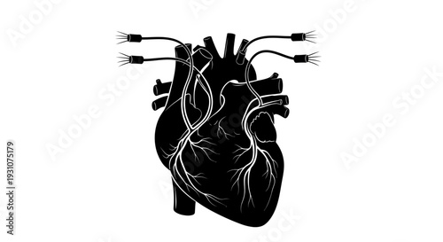 Biomedical heart illustration with integrated diagnostic probes black silhouette on white
