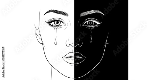 Stark emotional contrast revealing a dual perspective of inner human sadness and introspection