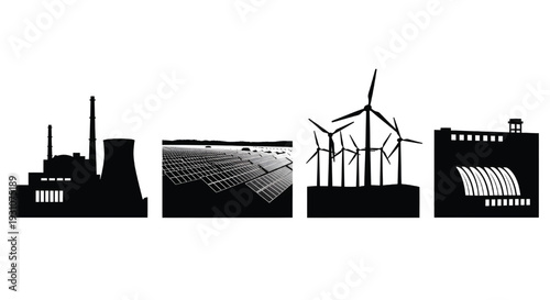 A black and white illustration of various industrial and renewable energy sources
