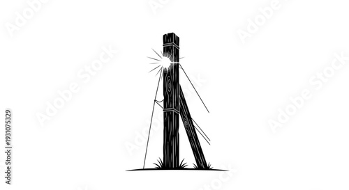 Stylized black and white illustration of a sturdy wooden post with supporting beams and a radiant