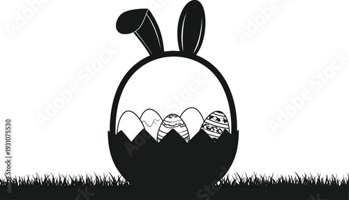 Easter basket with bunny ears silhouette containing decorated eggs and grass.