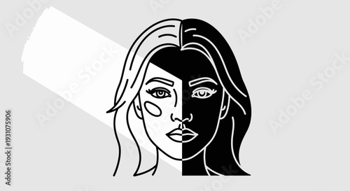Striking minimalist black and white portrait illustrating stark contrast and duality in female