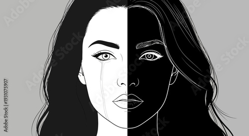 Striking graphic illustration of a woman's face split between light and shadow, depicting