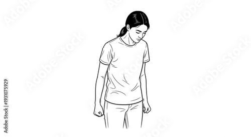 Black and white line art depicting a melancholic young person with a downcast gaze and somber